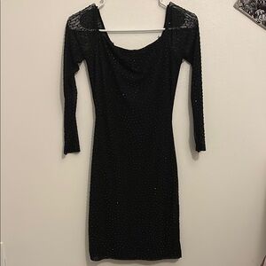 Windsor Sparkly Black Dress with Lace Sleeves